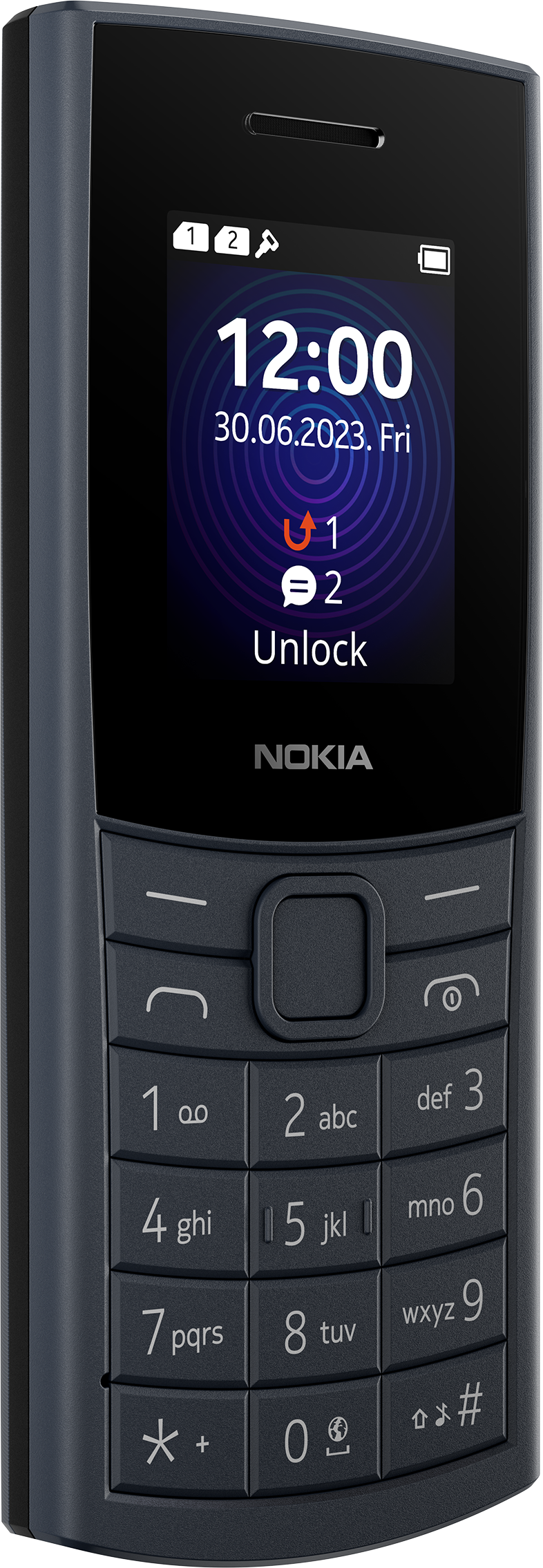 Egy fekete Nokia telefon. A képernyőn az idő és a dátum látható. A telefonon egy billentyűzet van.