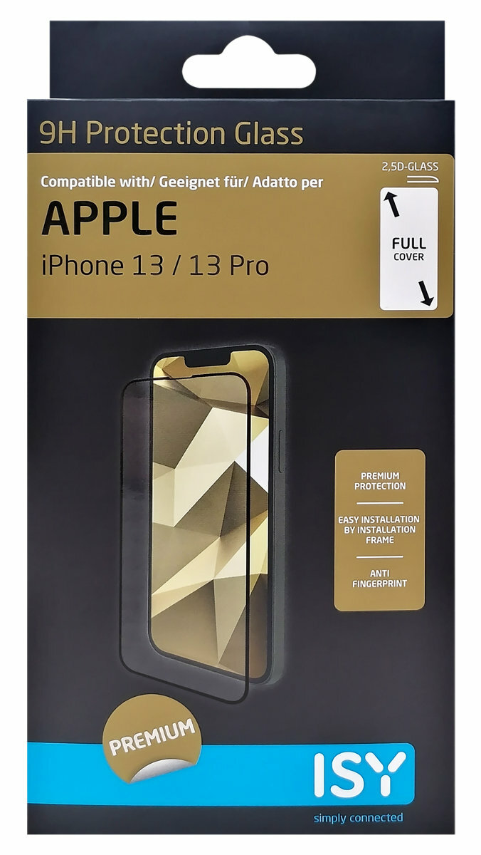 Pudełko z folią ochronną na ekran iPhone 13/13 Pro. Telefon jest na pudełku.