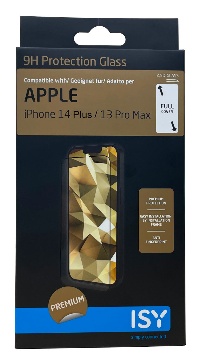 Ochrona ekranu iPhone'a w czarno-niebieskim pudełku, ze zdjęciem telefonu.