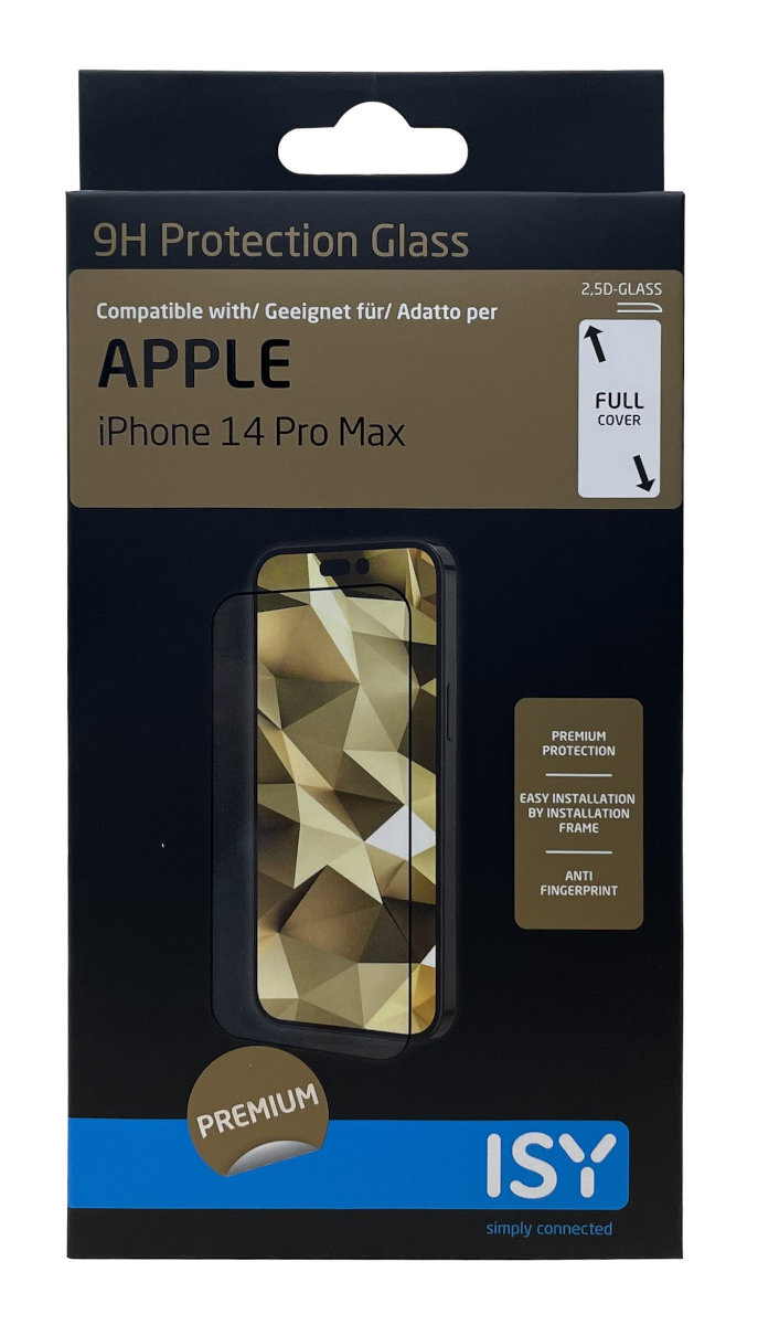 Pudełko z ochroną ekranu iPhone 14 Pro Max. Tekst w języku angielskim i innych językach. Zdjęcie produktu.