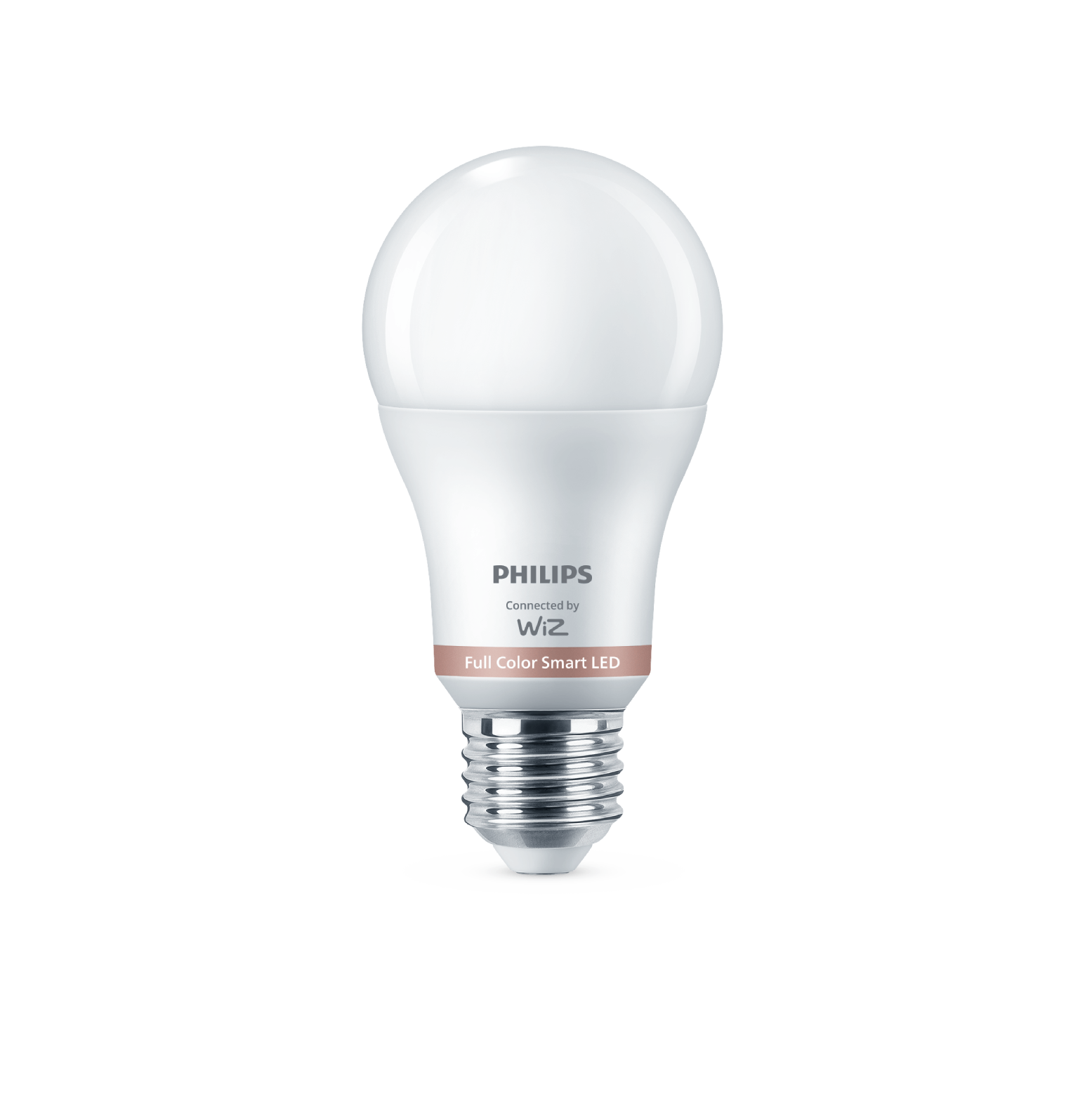 Bombilla LED inteligente Philips blanca con banda marrón y base plateada.