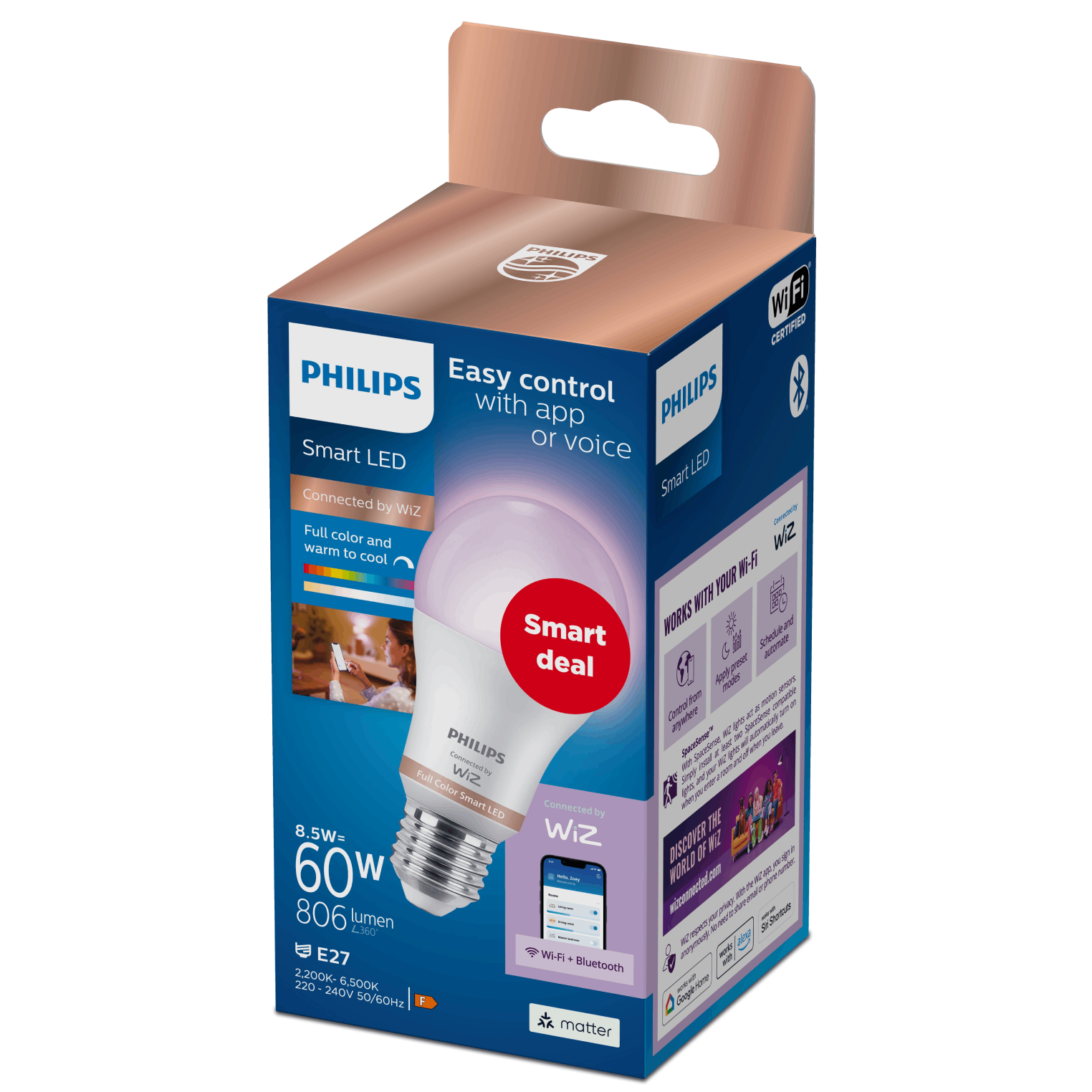 Una bombilla LED inteligente Philips en una caja con información del producto.