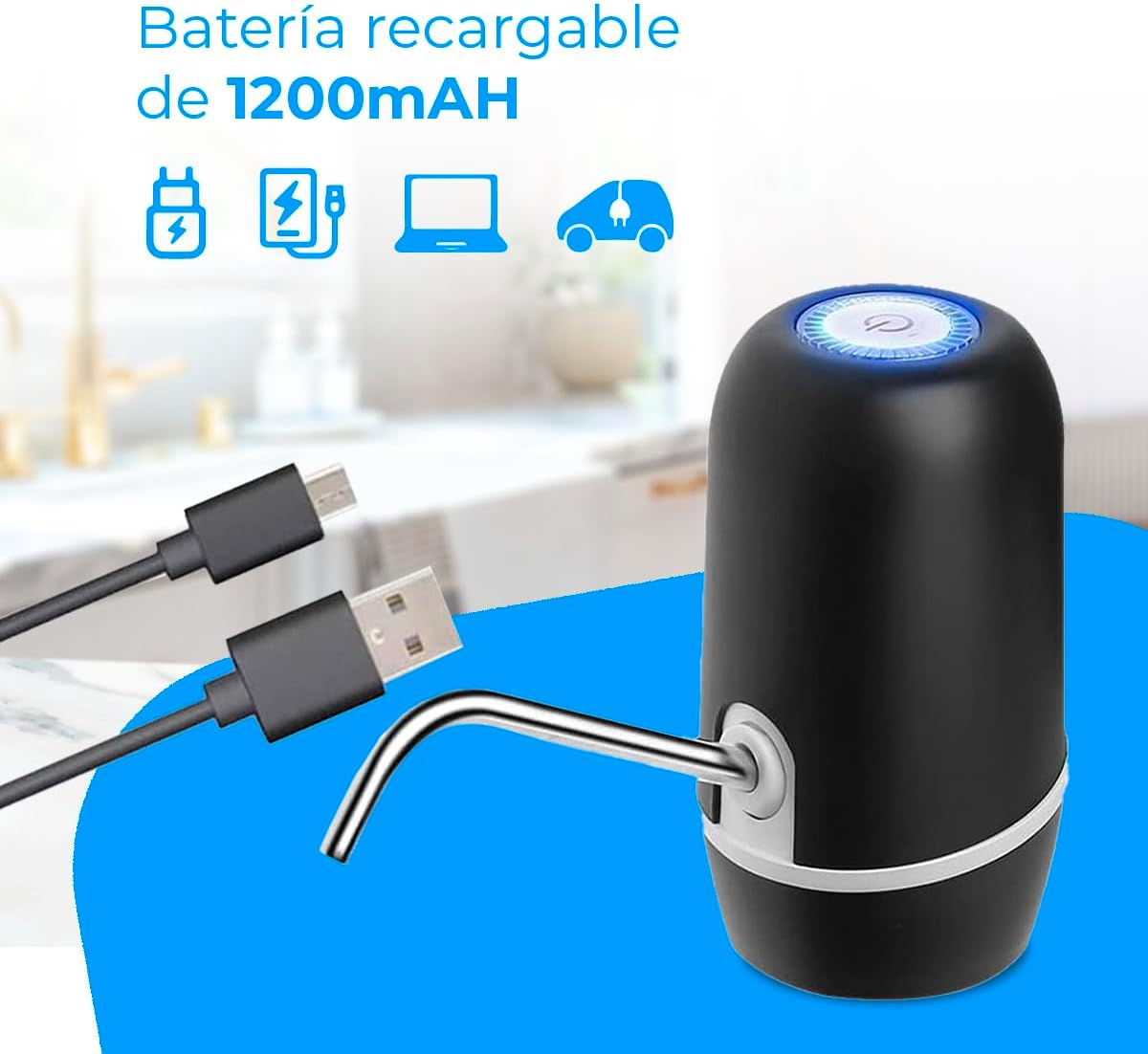 Bomba de agua negra con cables de carga e iconos sobre fondo azul.