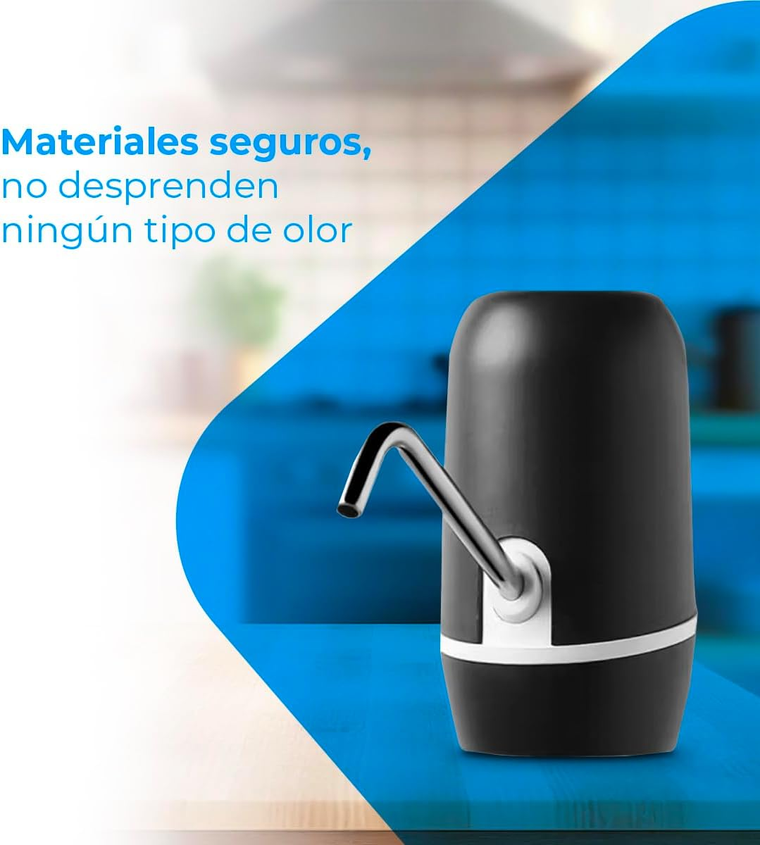 Un dispensador de agua negro con boquilla plateada, sobre una superficie azul.