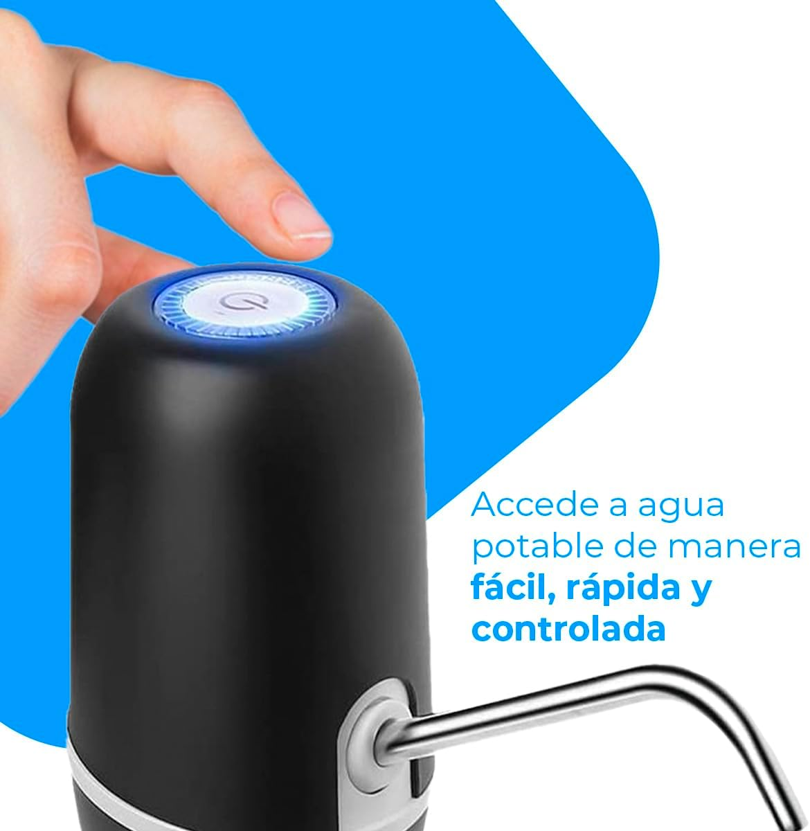 Una bomba de agua negra dispensando agua. Se muestra una mano presionando un botón. Texto: Accede a agua potable.