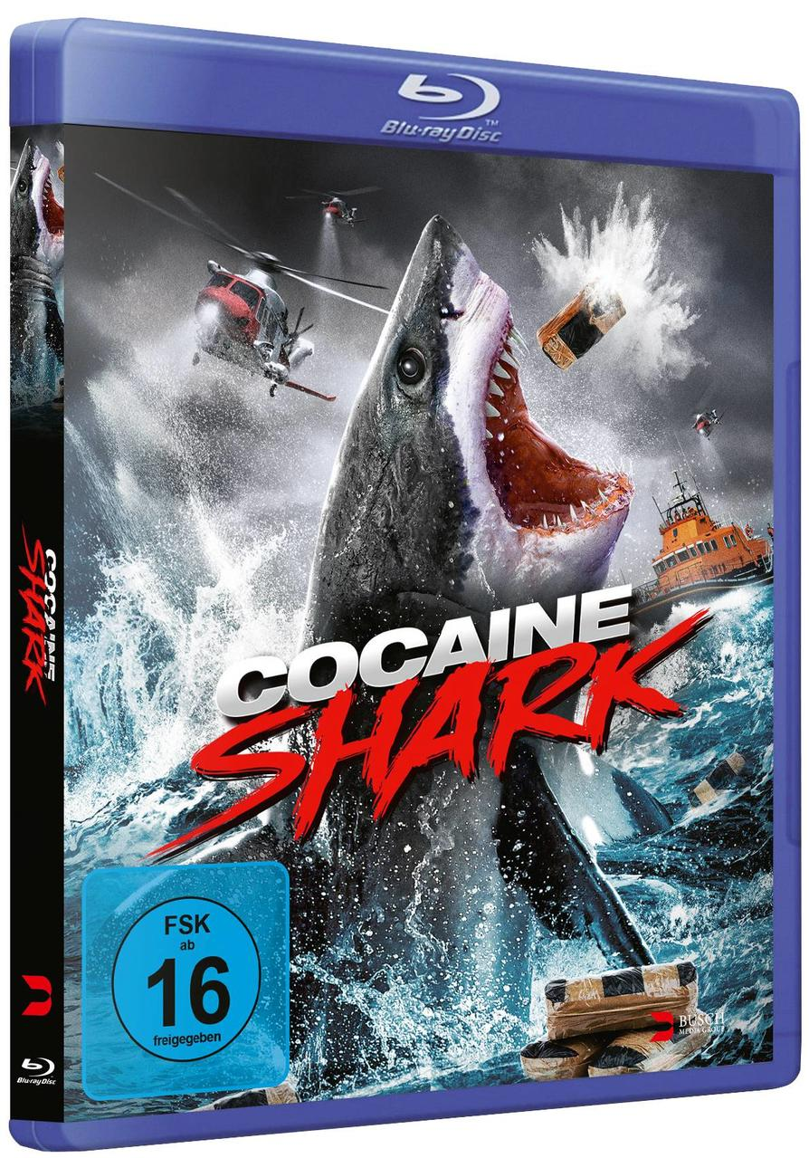 Filmcover von 'Cocaine Shark'. Ein Hai mit offenem Maul über Wellen.