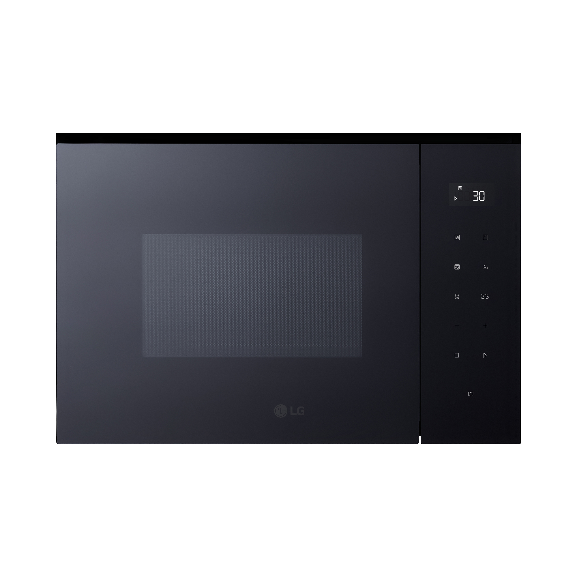 Horno microondas negro con pantalla digital y botones sobre fondo blanco.