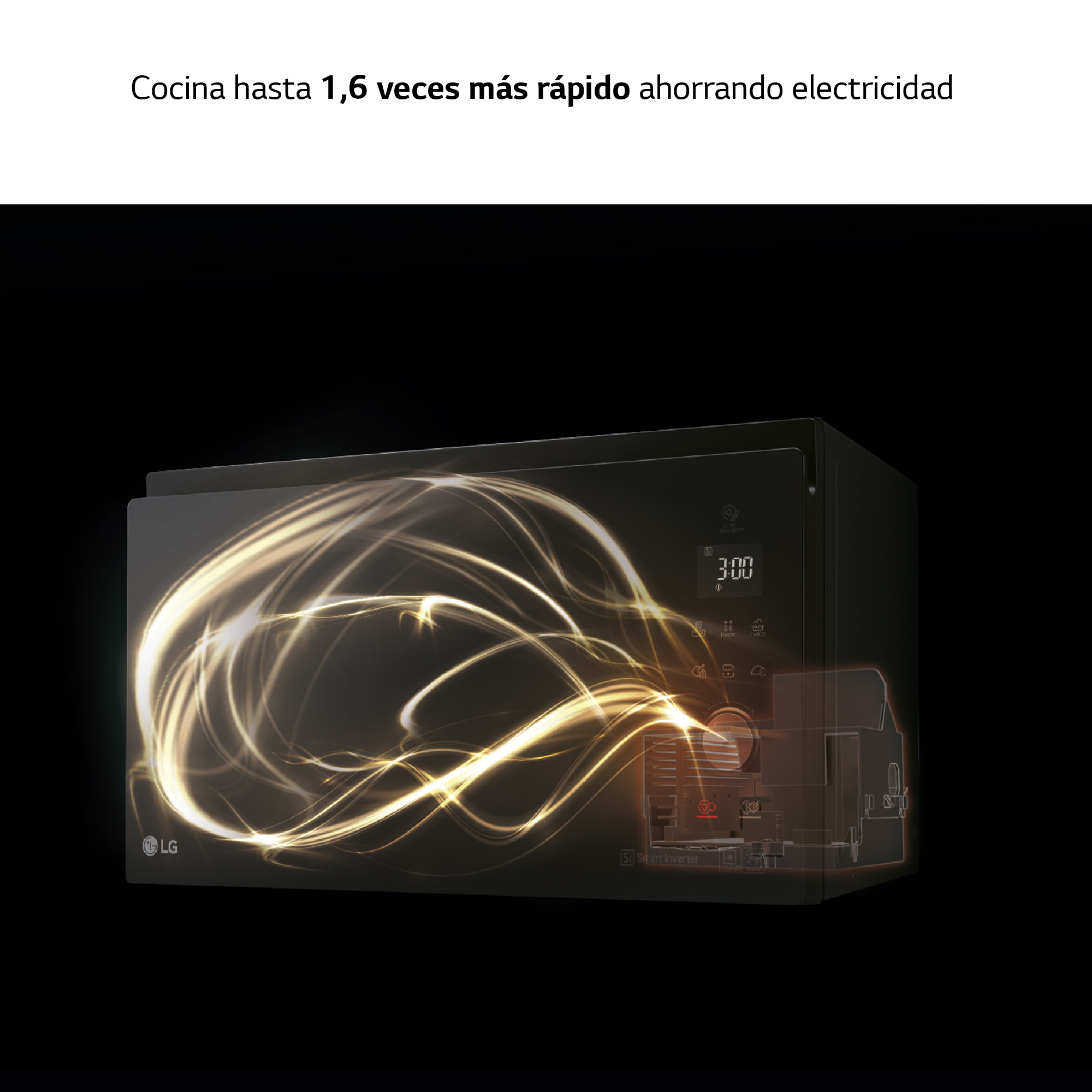 Microondas negro con efectos de luz sobre fondo oscuro, mostrando la velocidad de cocción.