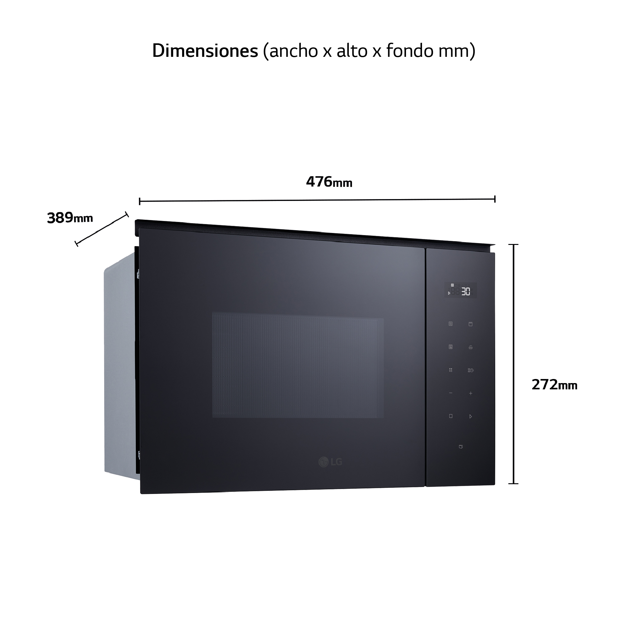 Un microondas negro con pantalla digital. Se muestran las dimensiones.