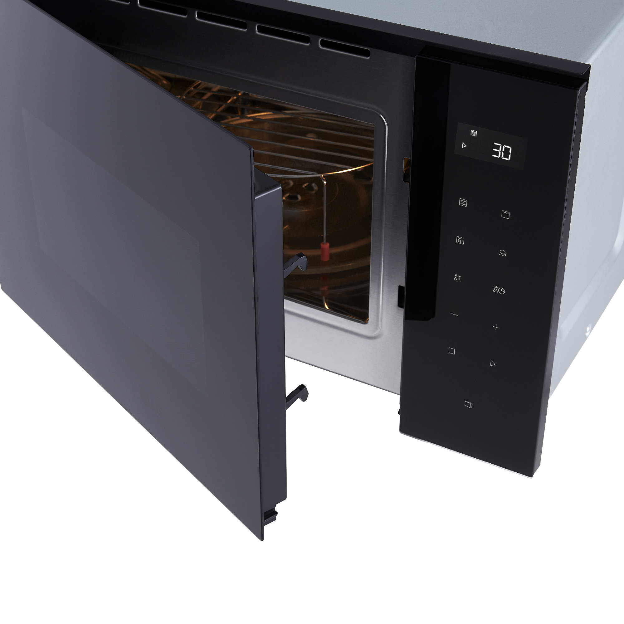 Un horno microondas negro abierto muestra el interior con una pantalla digital.