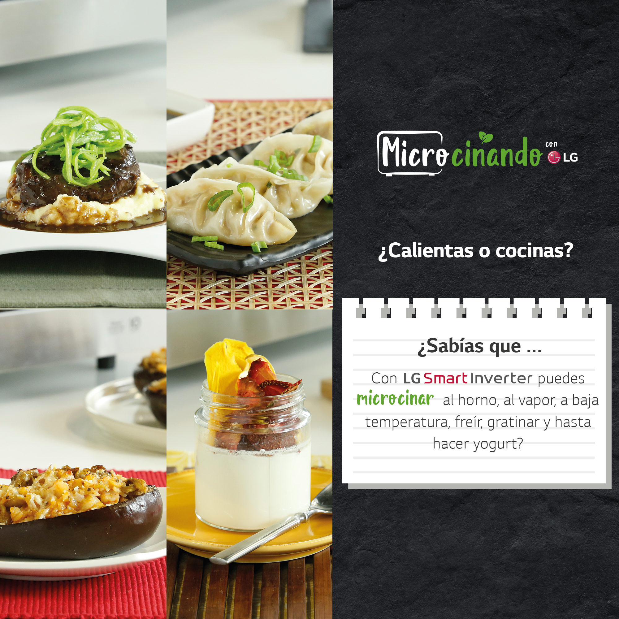 Collage de platos cocinados, texto 'Microcinando con LG' y una nota con consejos de cocina.