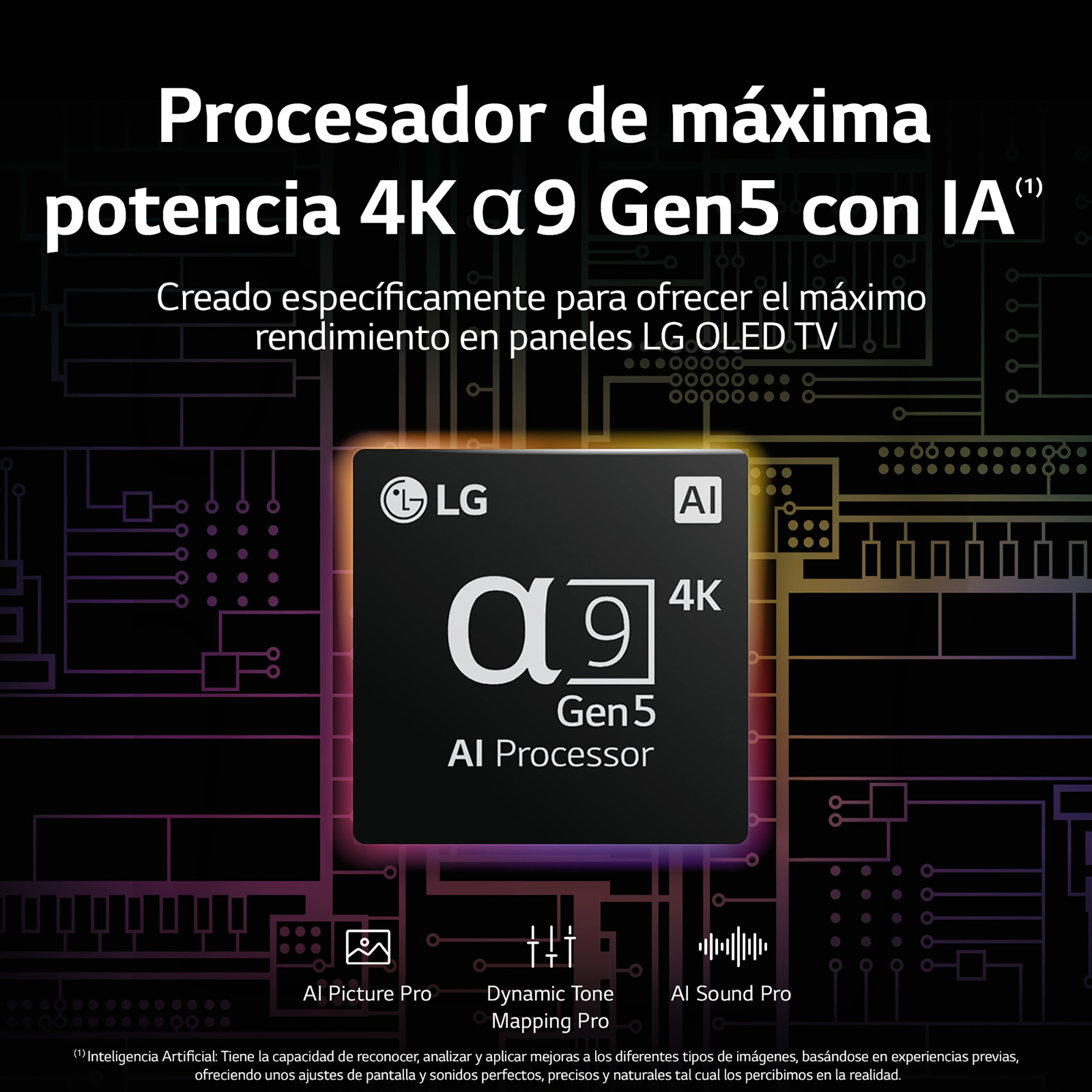 Un procesador de TV LG OLED negro con IA. Tiene el texto 4K α9 Gen5.