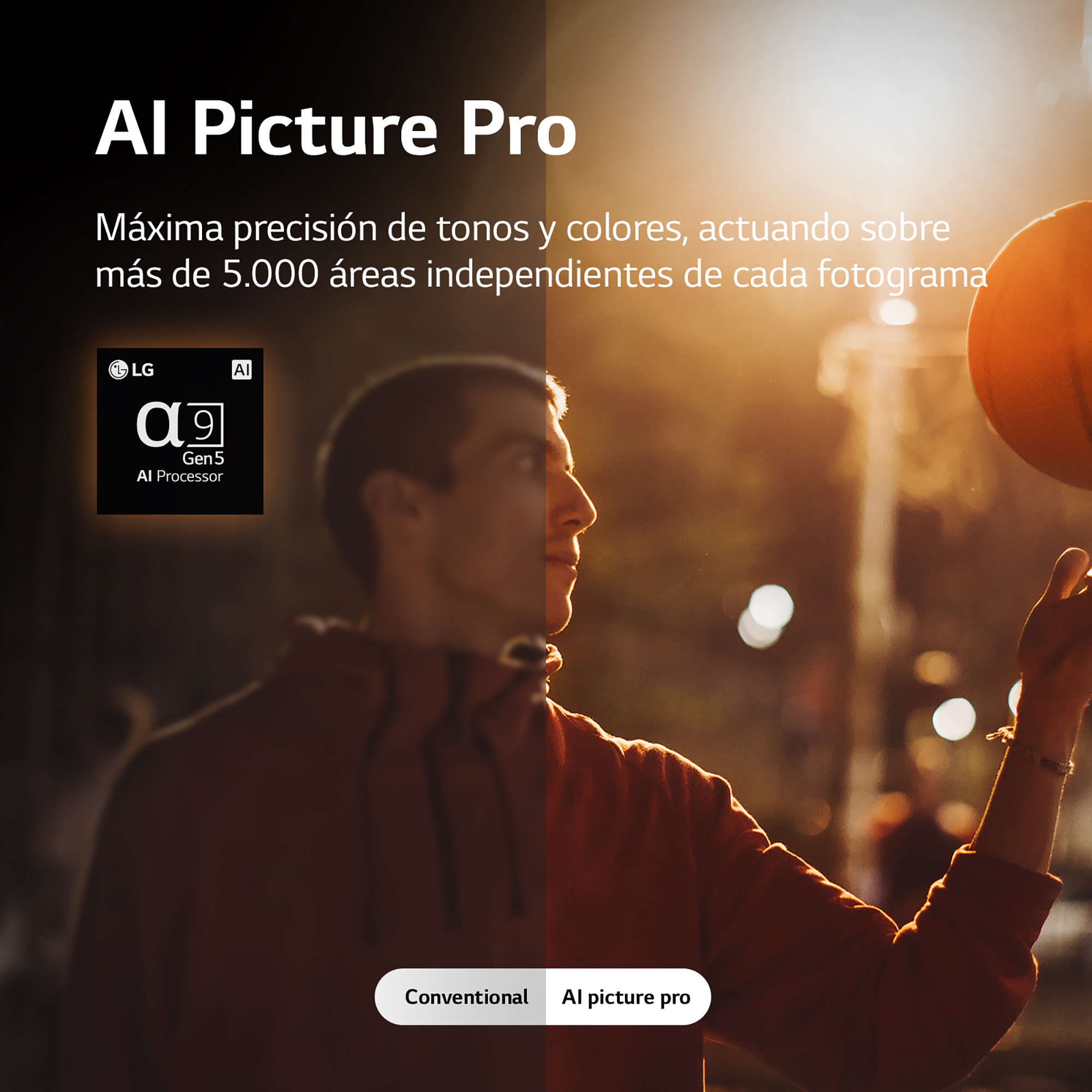 Un hombre está a punto de lanzar un baloncesto. La imagen destaca AI picture pro.
