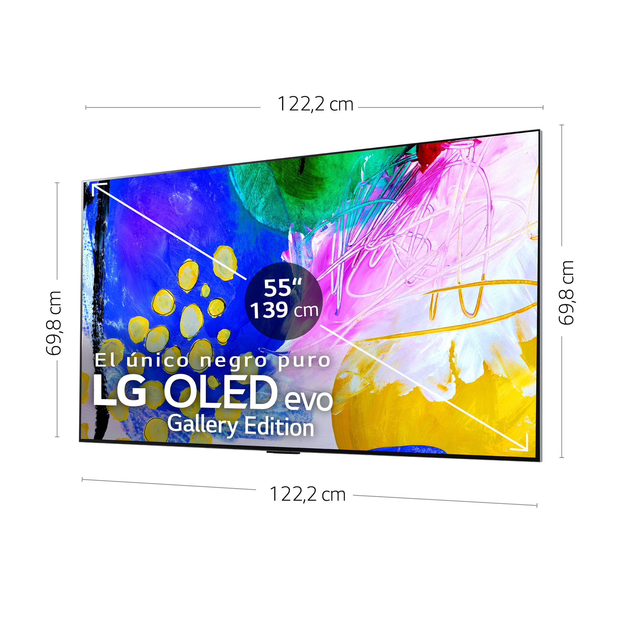 TV LG OLED de 55 pulgadas con dimensiones, texto: 'El único negro puro' y 'Gallery Edition'.