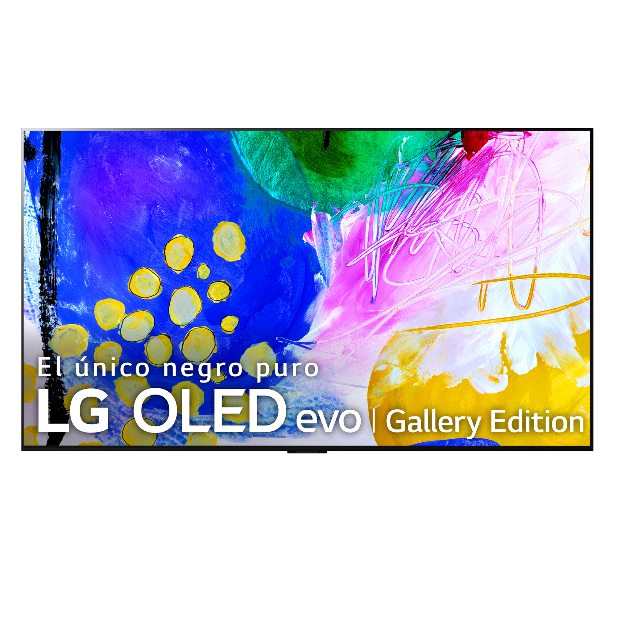 Una pantalla de TV moderna muestra una imagen abstracta colorida.