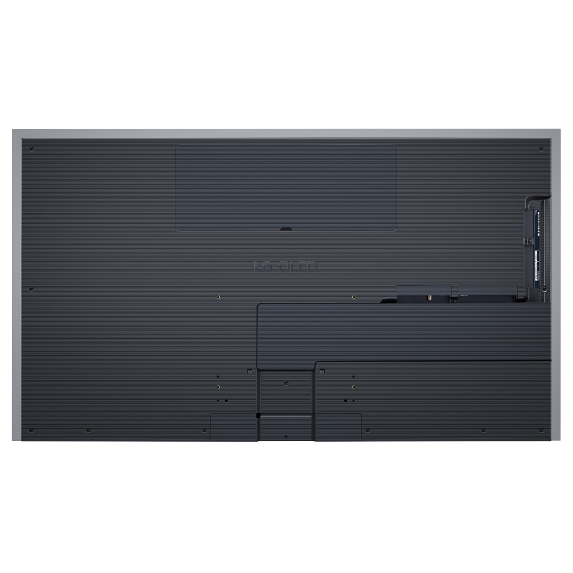 La parte trasera de un televisor negro grande. Tiene un marco plateado.