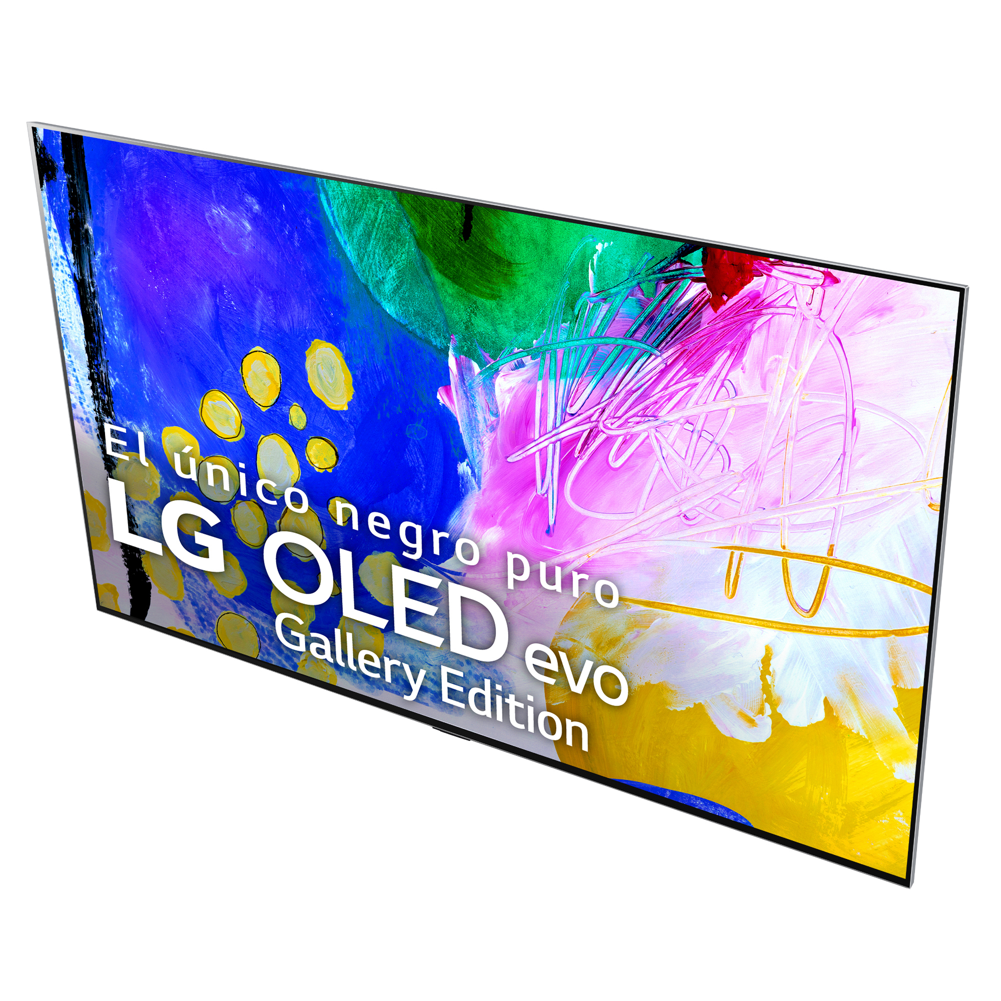 Un televisor LG OLED con una pantalla de arte abstracto colorida.