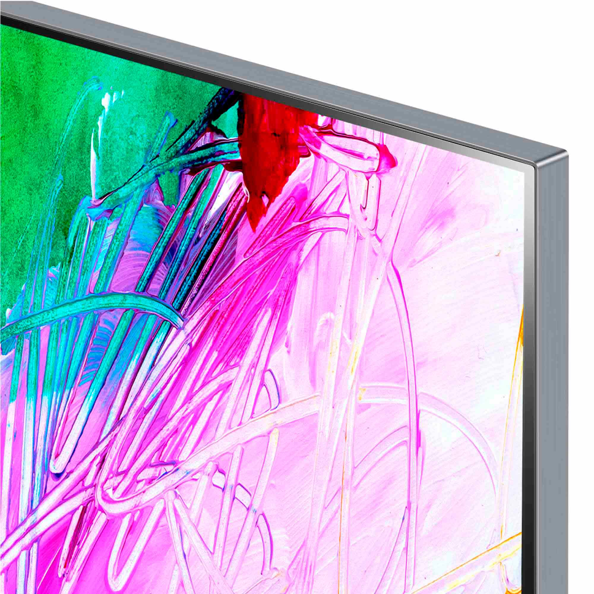 Primer plano de una pantalla de TV que muestra arte abstracto colorido. La pantalla está enmarcada en un bisel plateado.