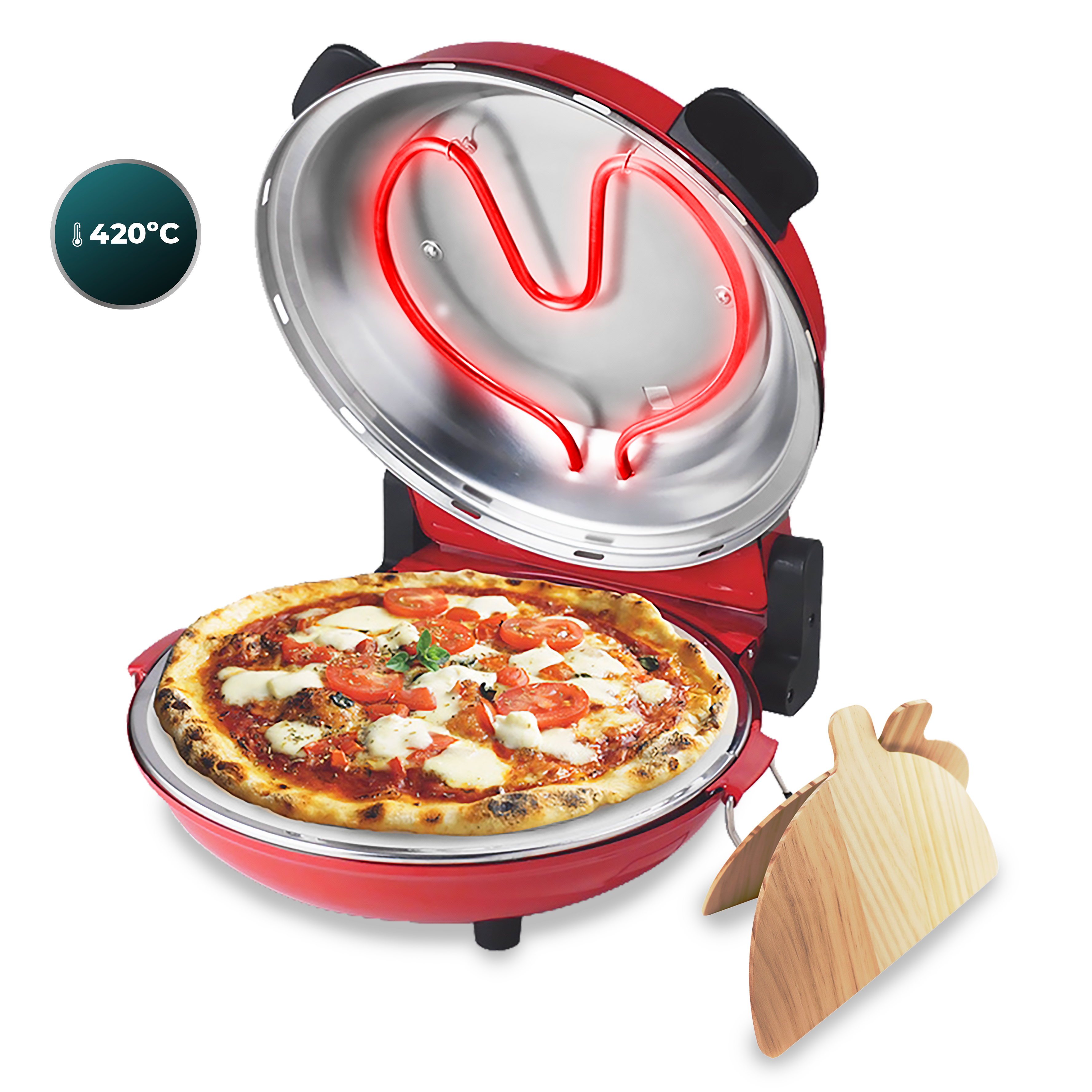 Un horno de pizza rojo con una pizza dentro. Un cortador de pizza de madera está al lado.