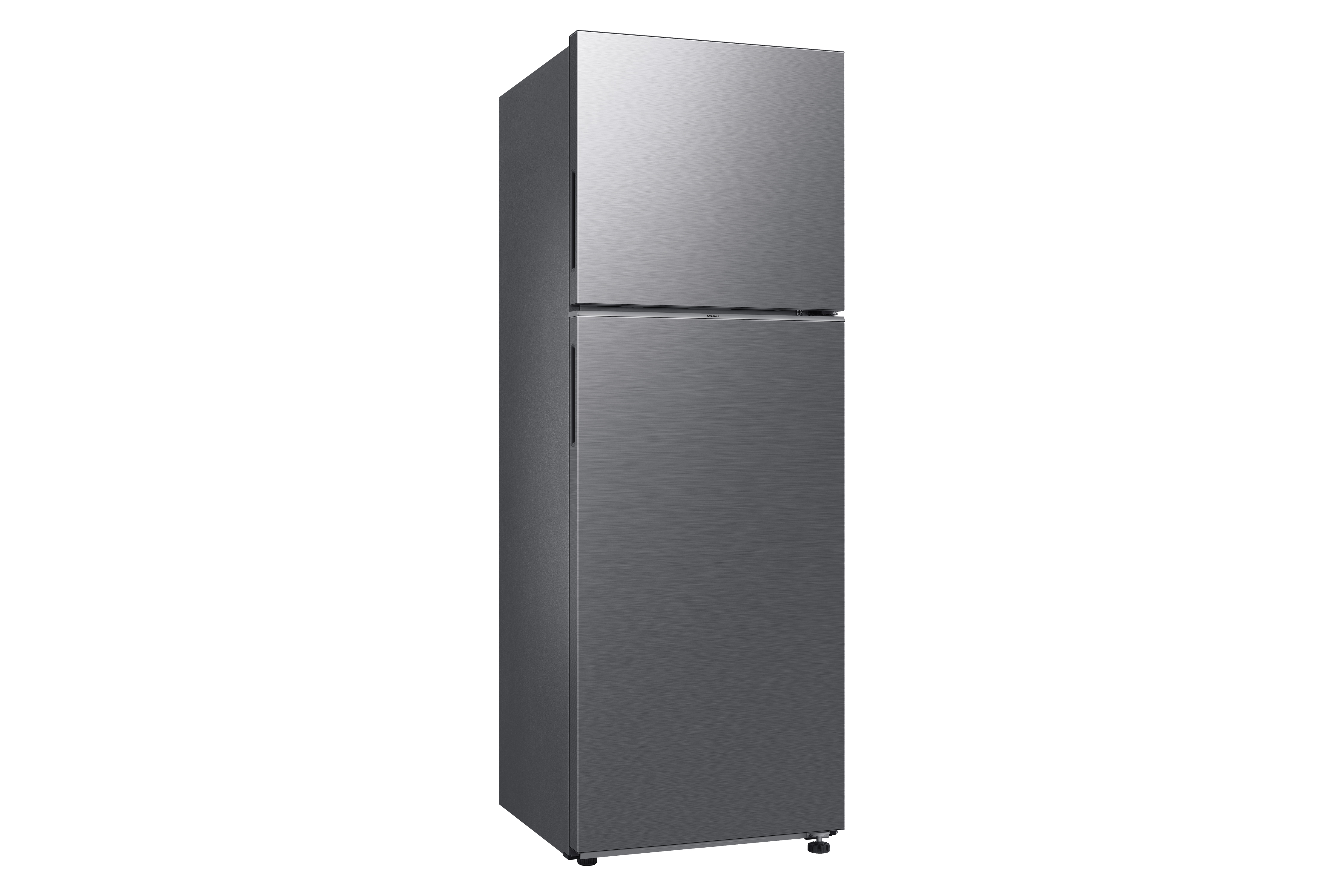 Un refrigerador gris sobre fondo blanco. Compartimentos superior e inferior separados.