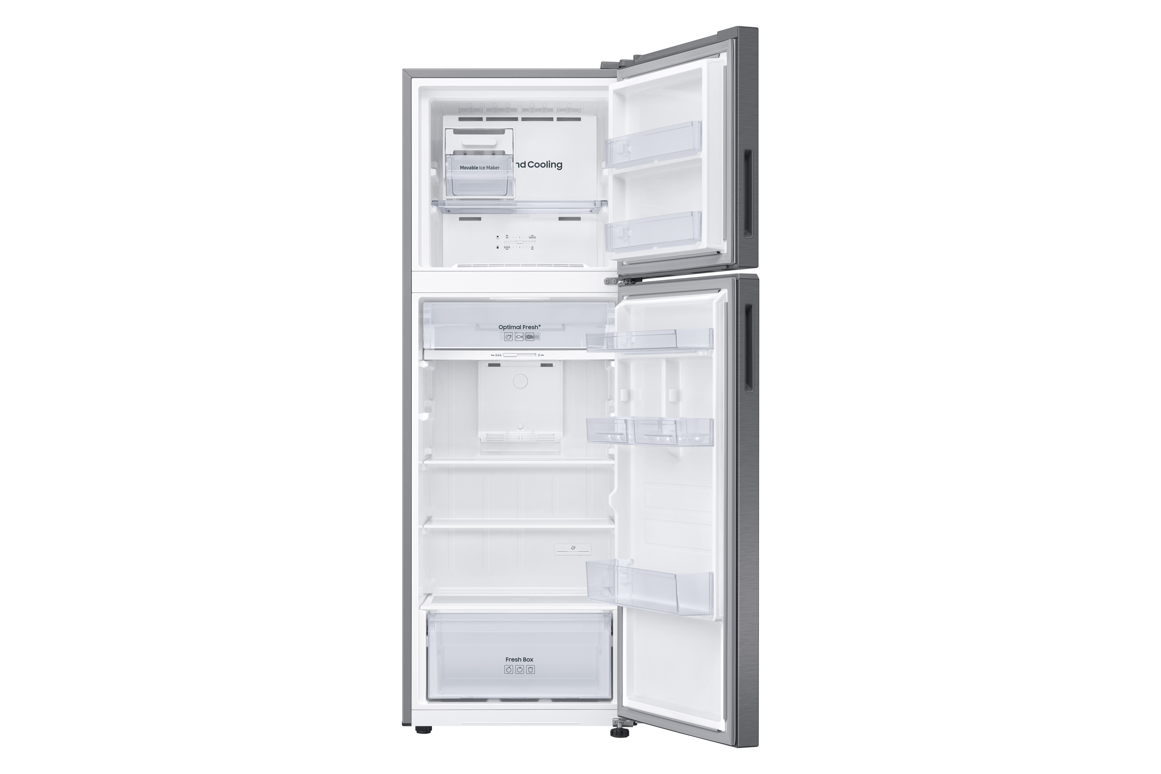 Refrigerador plateado abierto con interior blanco, estantes y cajones; aislado.