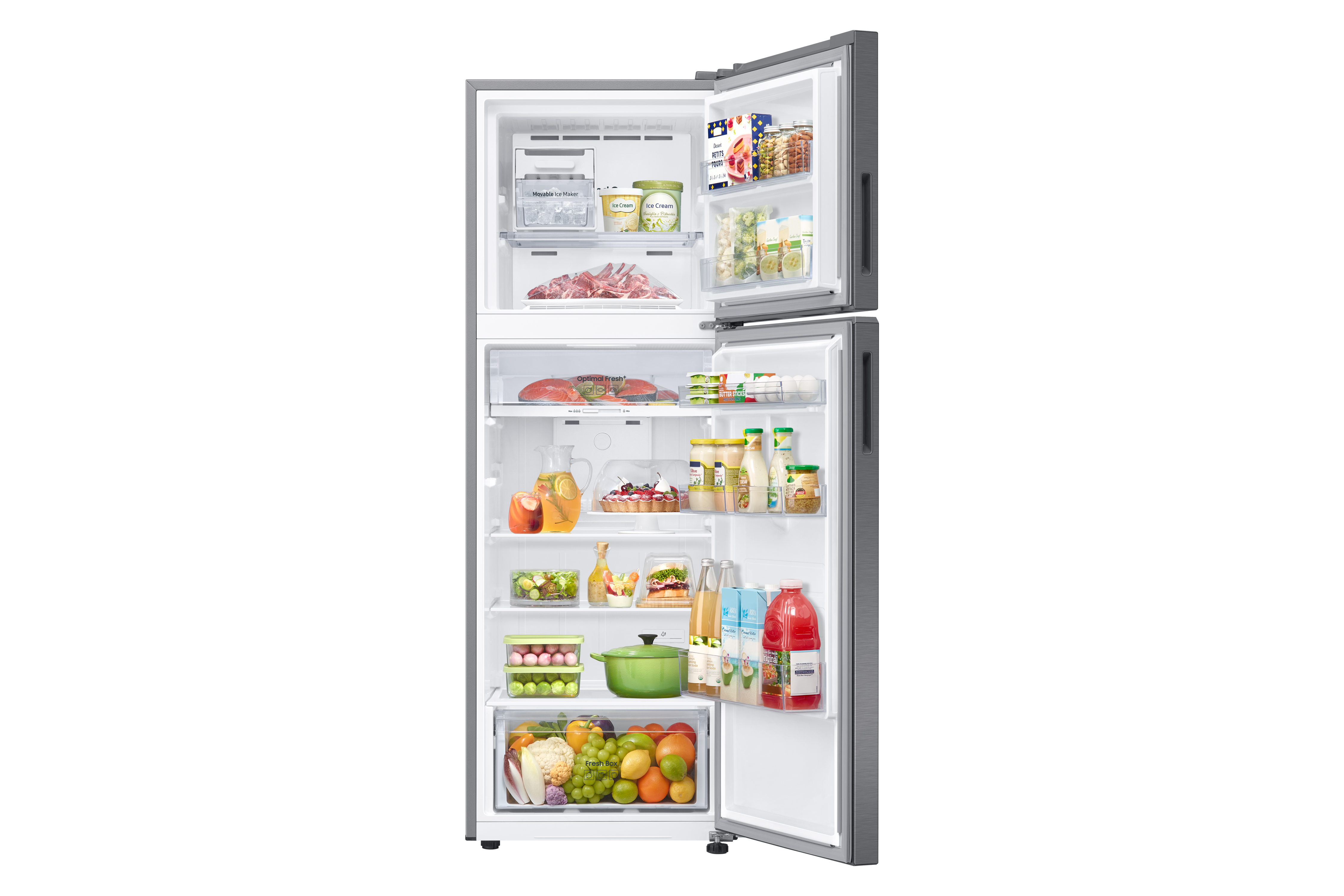 Refrigerador abierto con comida. Frutas, verduras y productos envasados llenan los estantes.