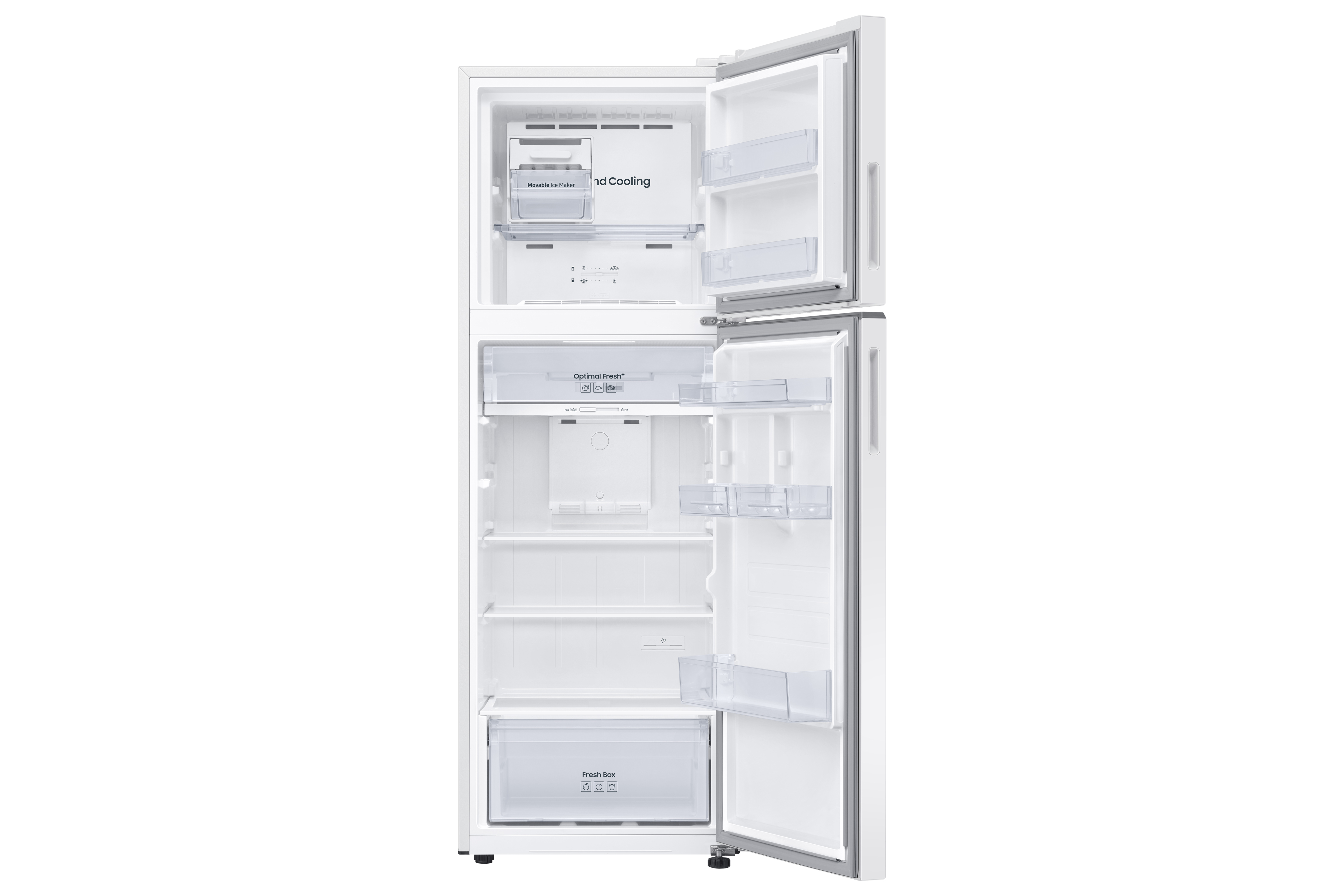 Refrigerador blanco con puertas abiertas, que revela estantes, cajones y componentes internos.
