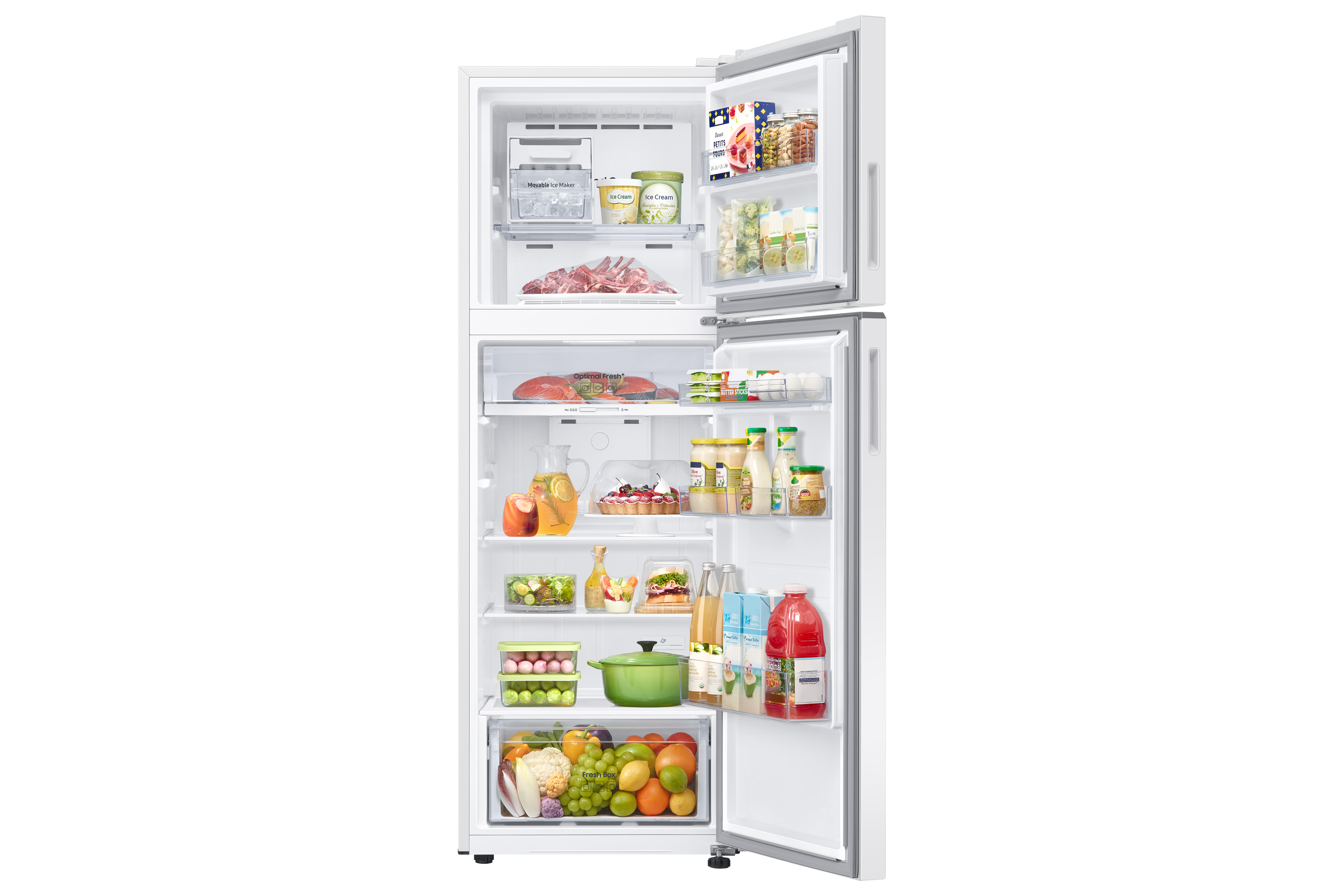 Refrigerador blanco abierto con comida dentro en estantes y cajones.