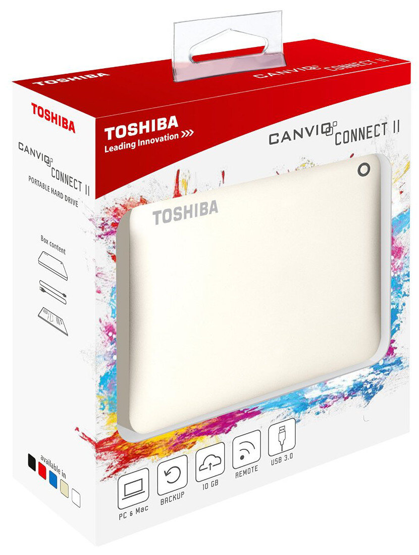 Biały dysk zewnętrzny Toshiba Canvio Connect II na kolorowym pudełku.