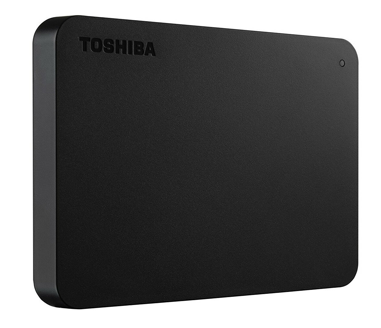 Czarny zewnętrzny dysk twardy Toshiba. Logo na górze, tło białe.