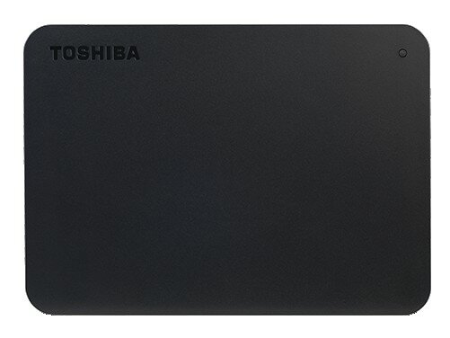 Czarny zewnętrzny dysk twardy Toshiba, na białym tle, z logo Toshiba.