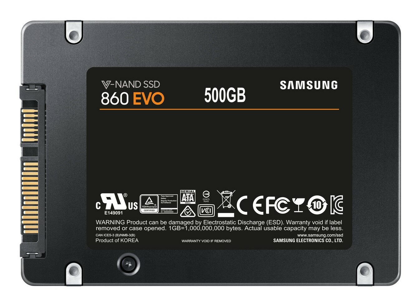 Czarny dysk SSD Samsung V-NAND SSD 860 EVO 500 GB. Etykieta jest widoczna.