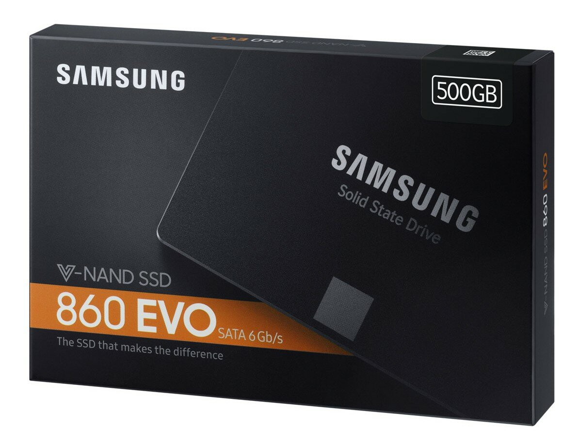 Czarne pudełko SSD Samsung, ze szczegółami produktu, w tym nazwą 860 EVO i pojemnością 500 GB.