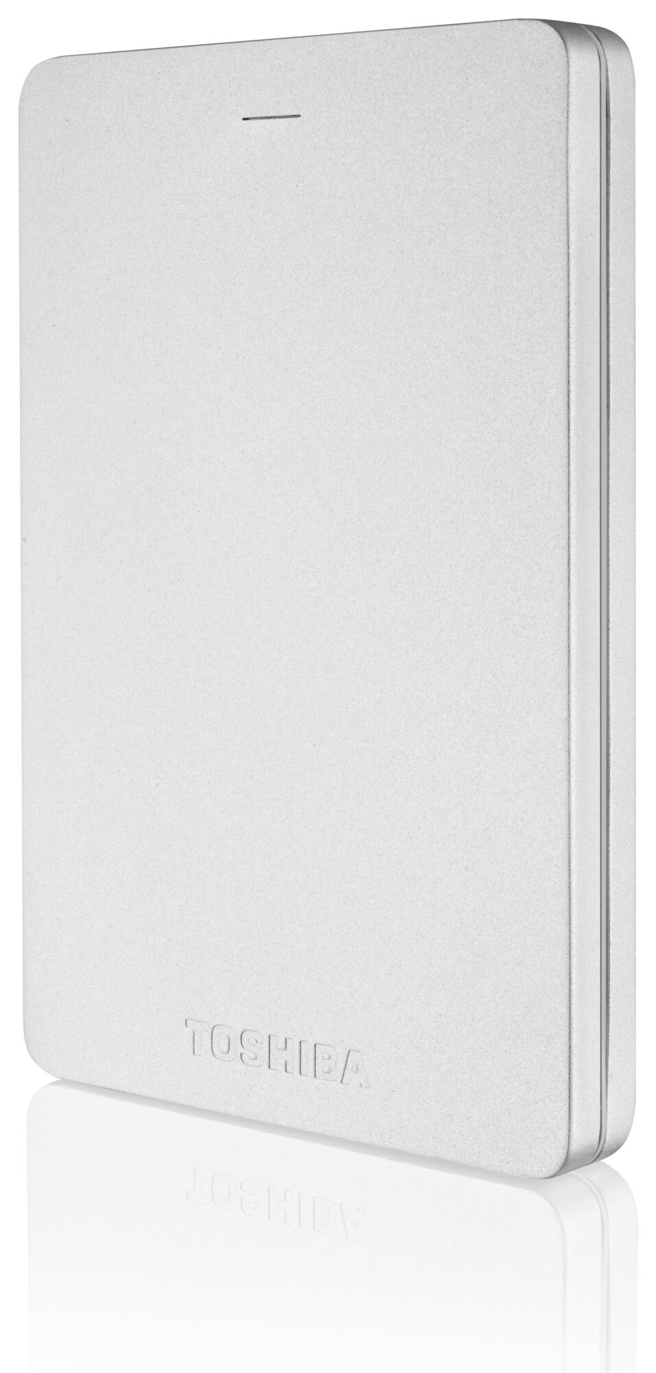 Srebrny dysk zewnętrzny z logo 'Toshiba'.