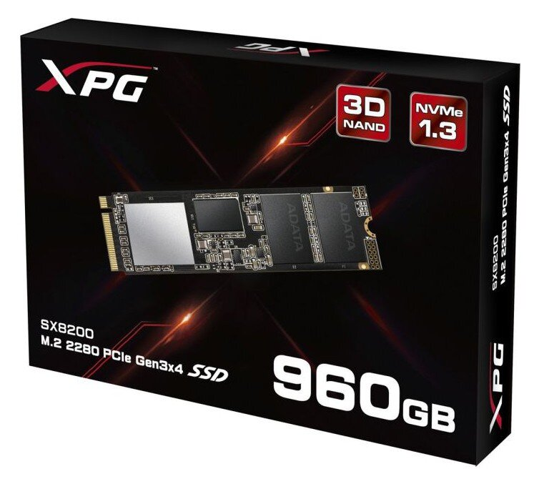 Dysk SSD XPG 960 GB w opakowaniu, ze szczegółami produktu.