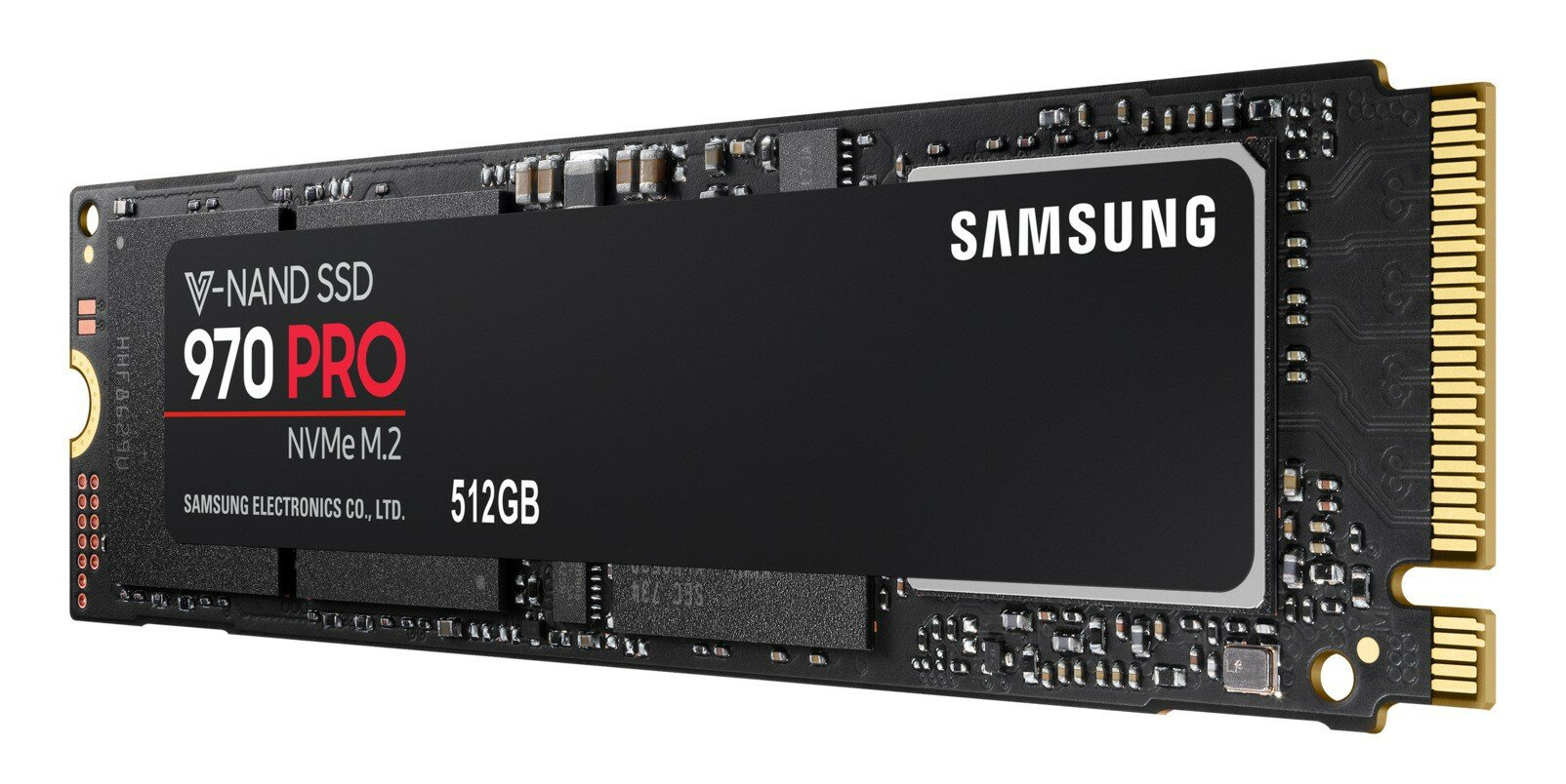Czarny dysk SSD Samsung 970 PRO NVMe M.2. Czarna płytka z złotymi złączami.