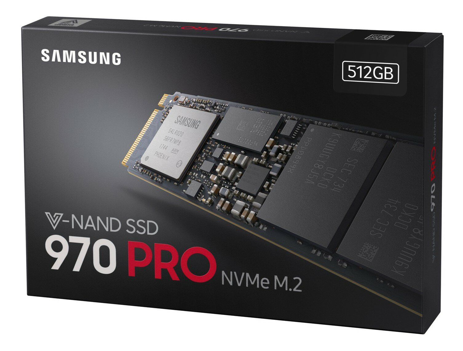 Pudełko SSD, czarno-białe, z logo Samsung i etykietą 512GB.