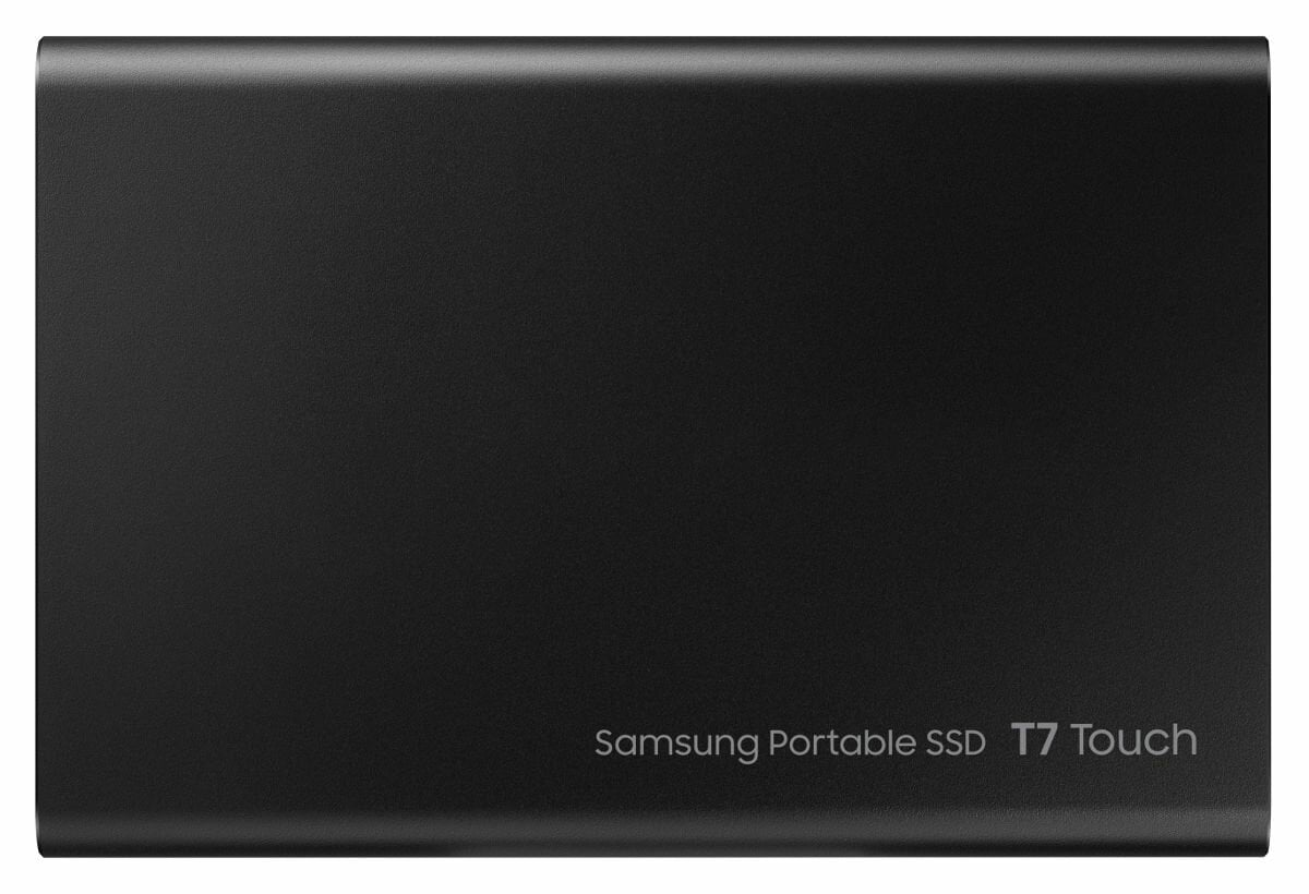 Czarny przenośny dysk SSD Samsung T7 Touch. Urządzenie jest prostokątne, widoczna nazwa marki.