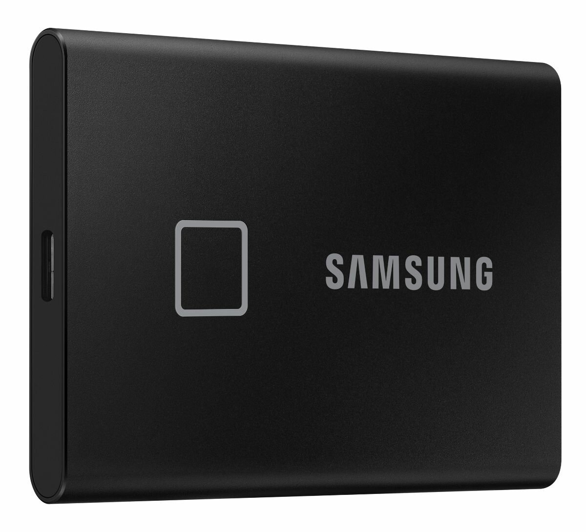 Czarny zewnętrzny dysk twardy z czujnikiem linii papilarnych i logo Samsung.