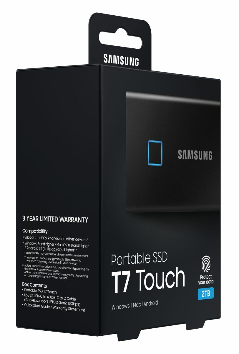 Czarny przenośny dysk SSD Samsung T7 Touch. Posiada czarny dysk SSD z czytnikiem linii papilarnych i 3-letnią gwarancją.