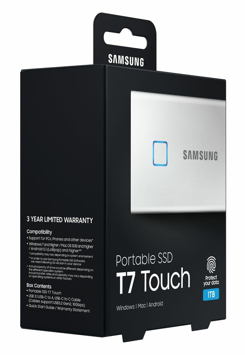 Zewnętrzny dysk SSD SAMSUNG T7 Touch USB 3.2 1TB Srebrny MU-PC1T0S/WW