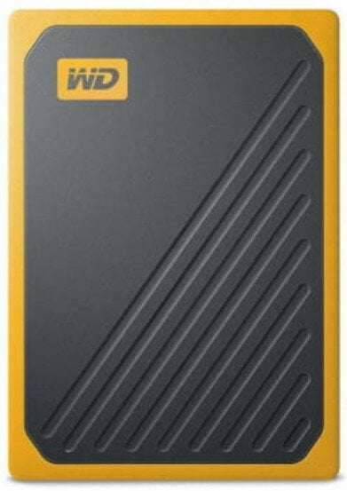 Żółty i czarny przenośny dysk twardy z logo WD i przekątnymi liniami.