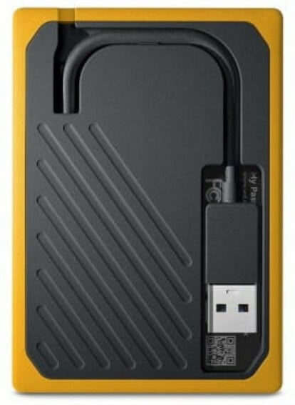 Żółty i czarny zewnętrzny dysk twardy z kablem USB.