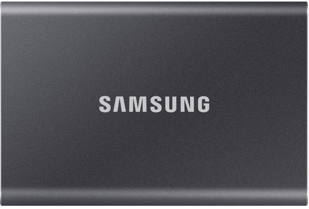 Ciemnoszary zewnętrzny dysk twardy Samsung. Biały napis SAMSUNG z przodu.