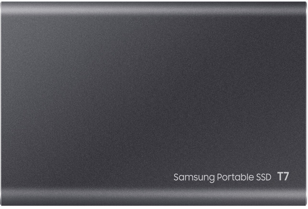 Ciemnoszary Samsung Portable SSD T7 na białym tle, z nadrukowaną nazwą marki.