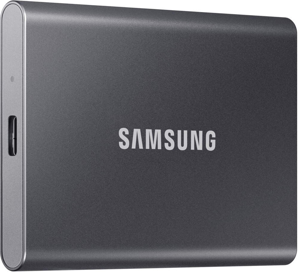 Ciemnoszary przenośny dysk SSD Samsung z portem USB-C. Logo Samsung jest widoczne.