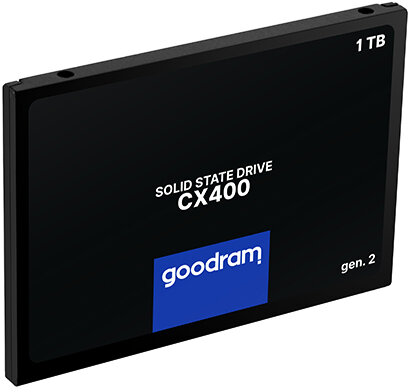 Czarny dysk SSD Goodram CX400, oznaczony 1 TB, z logo marki.