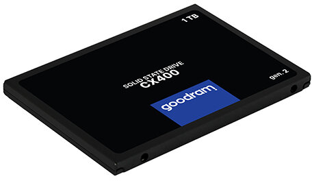 Czarny dysk SSD (Solid State Drive) z niebieską etykietą z napisem „GOODRAM” i „CX400”.