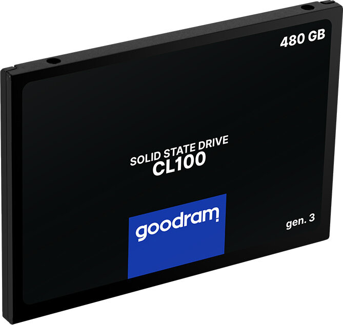 Czarny dysk SSD Goodram. 480 GB. Napis Solid State Drive. Widok pod kątem, na białym tle.