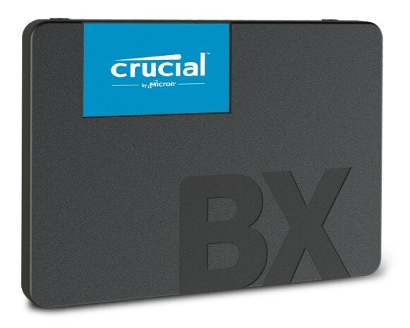 Czarny dysk SSD z niebieską etykietą z napisem 'crucial' i 'BX' dużymi literami.